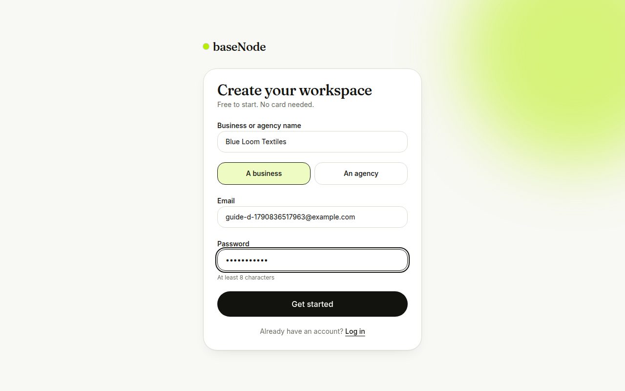 Sign-up form with business name, email and password (laptop)