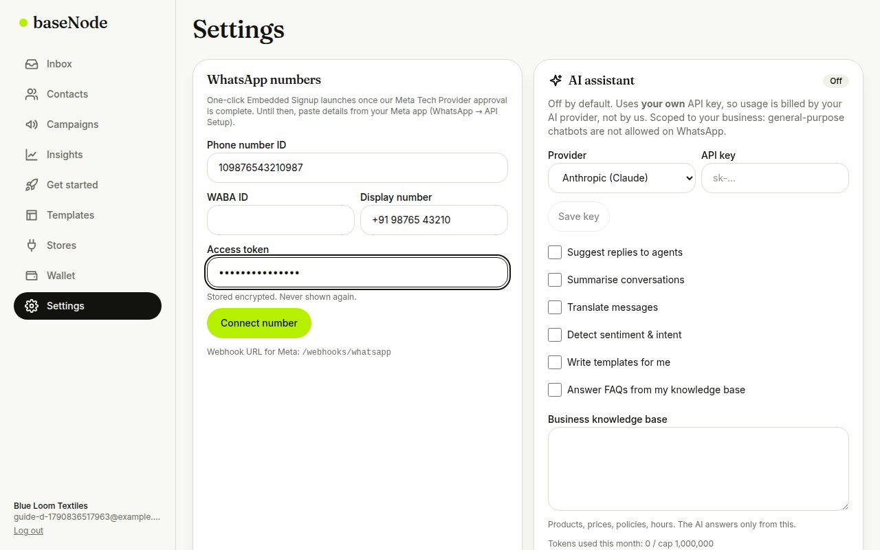 Settings, connect a WhatsApp number (laptop)