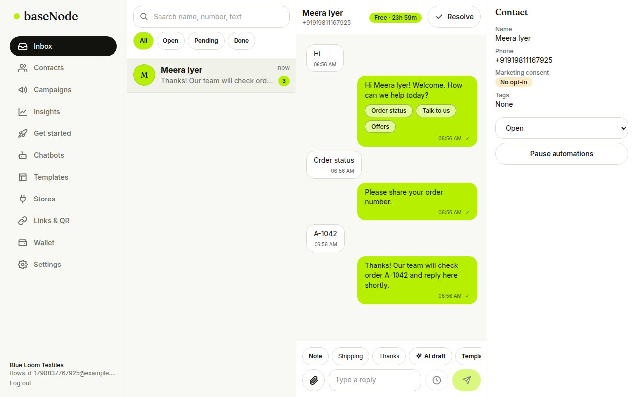 Inbox showing the bot conversation (laptop)