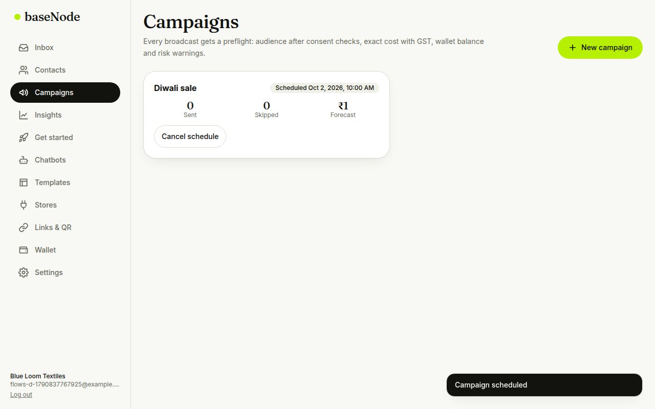 Campaign list showing the scheduled time (laptop)