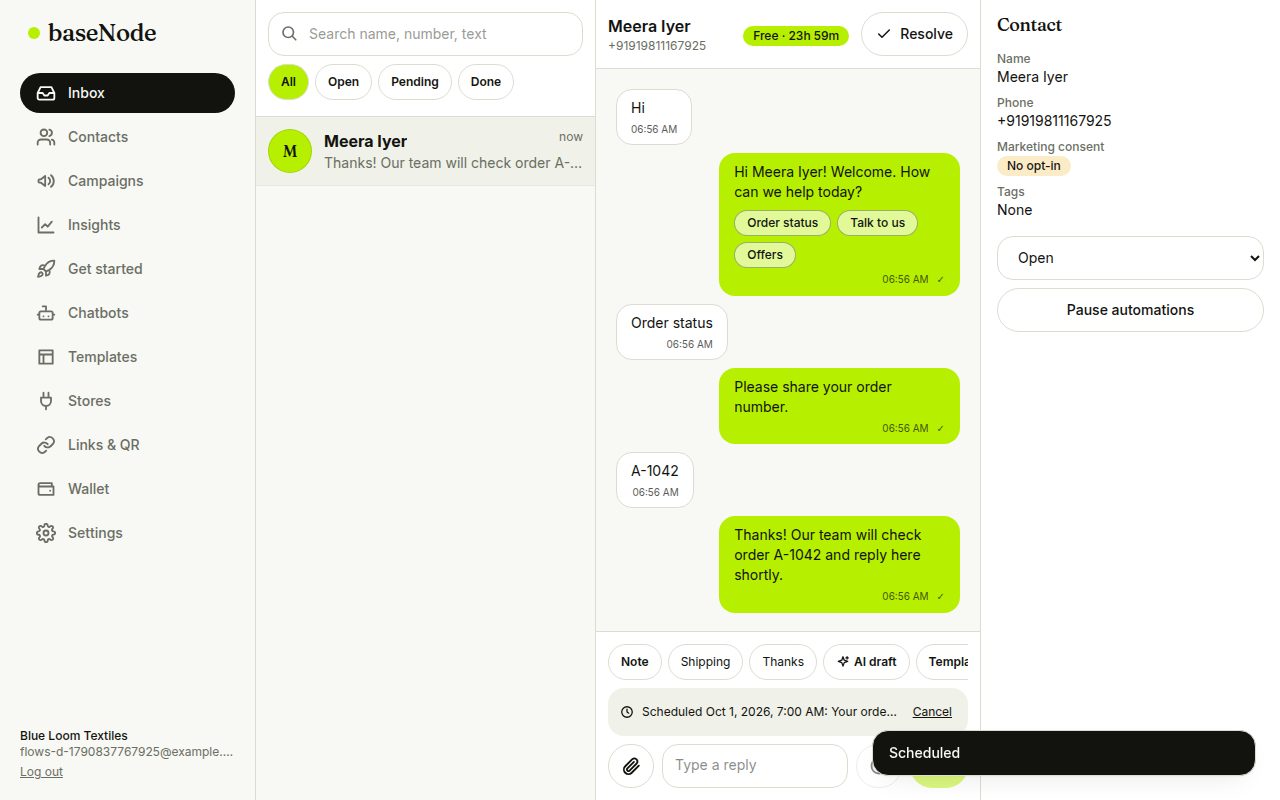 A scheduled message waiting under the chat (laptop)