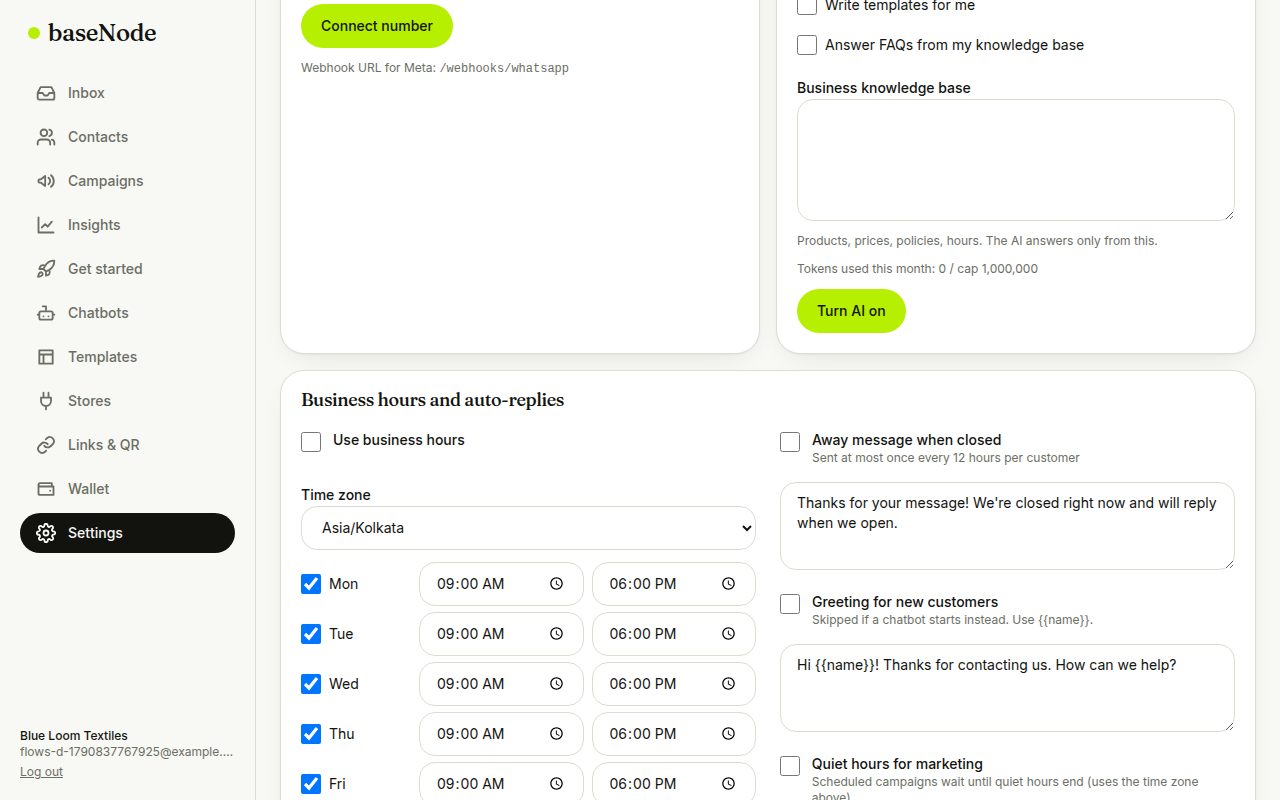 Business hours and auto-reply settings (laptop)