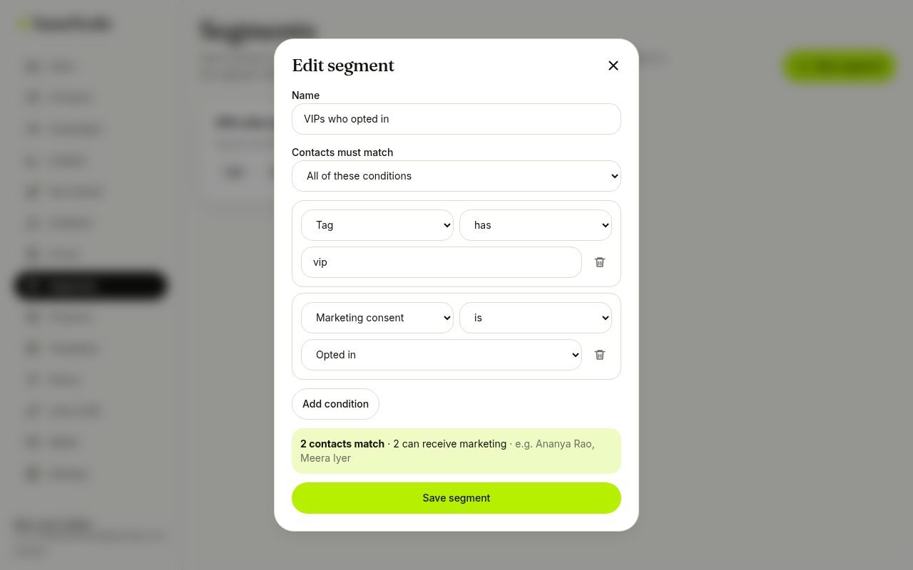 Segment builder with live preview (laptop)