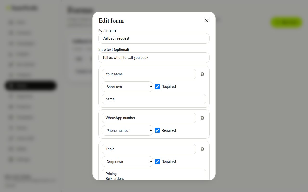Form builder with fields and options (laptop)