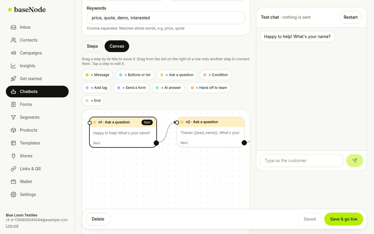 Drag-and-drop flow canvas (laptop)