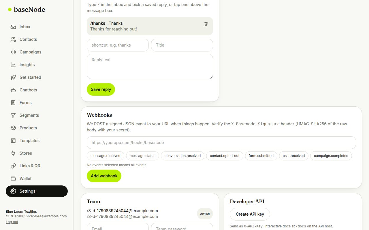 Webhooks card with delivery log (laptop)