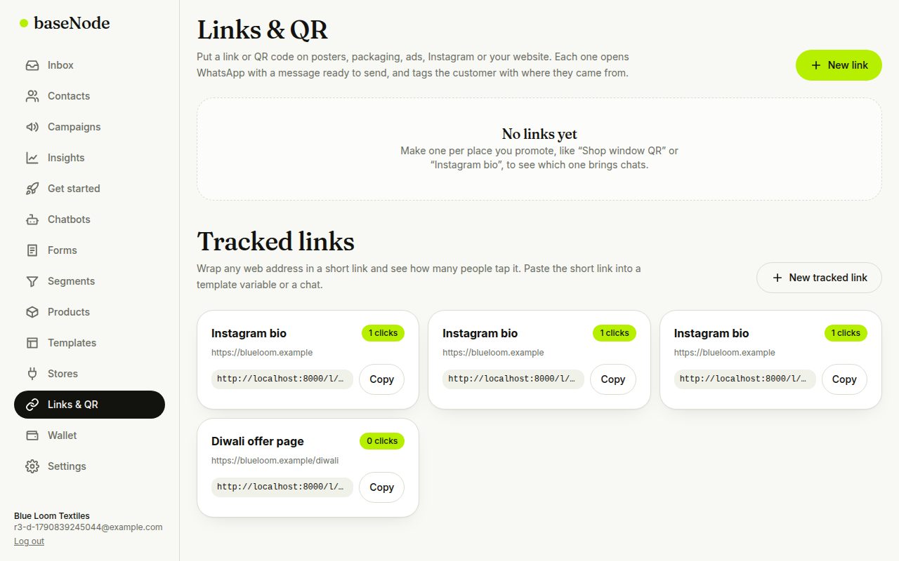 Tracked links with click counts (laptop)
