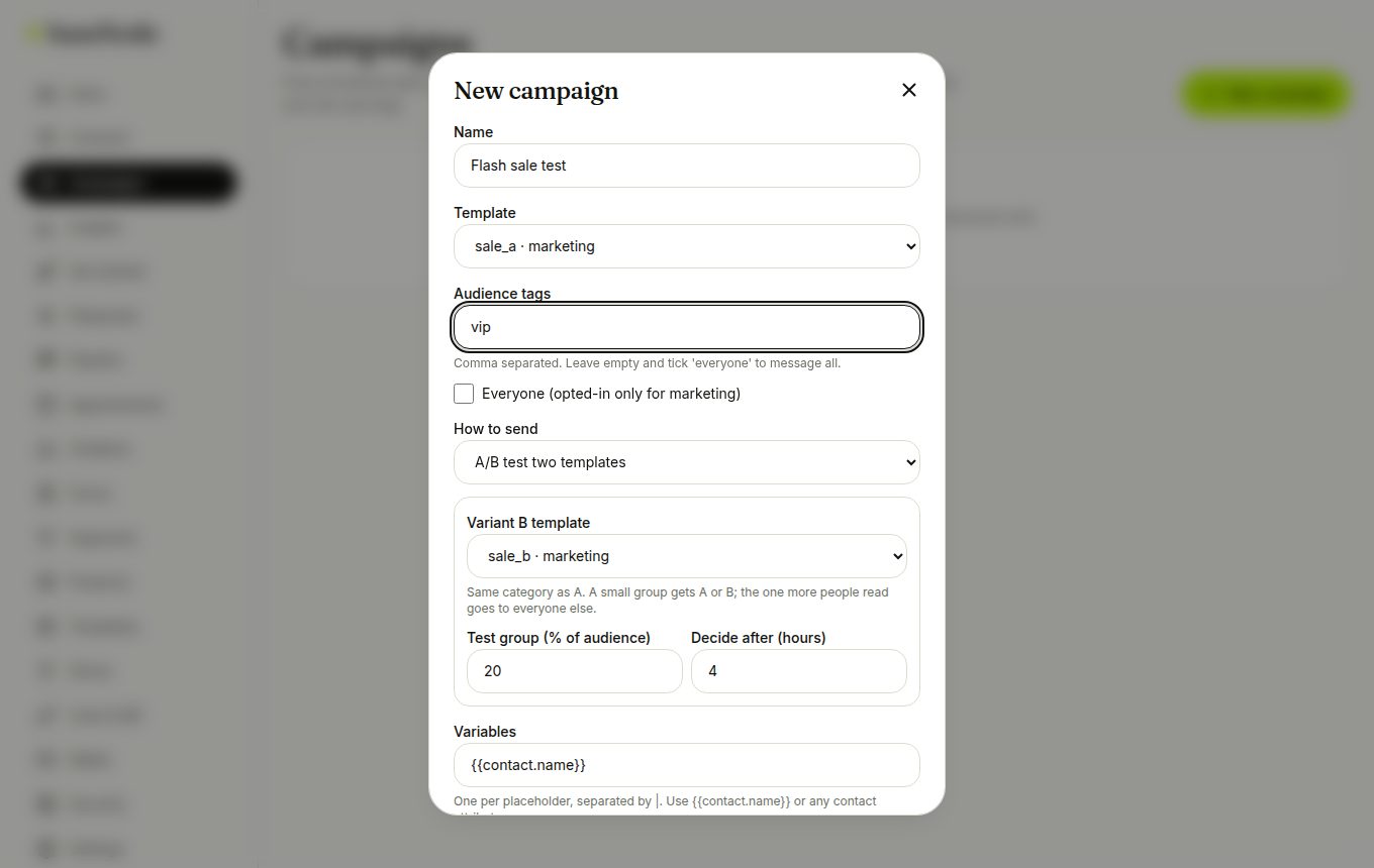 Campaign form with A/B options (laptop)