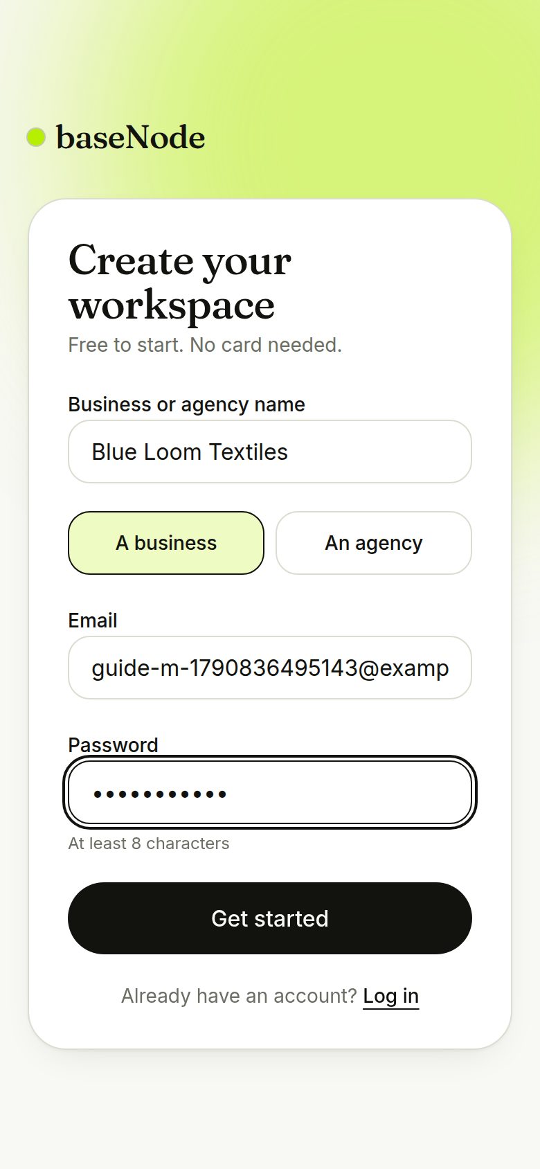 Sign-up form with business name, email and password (phone)