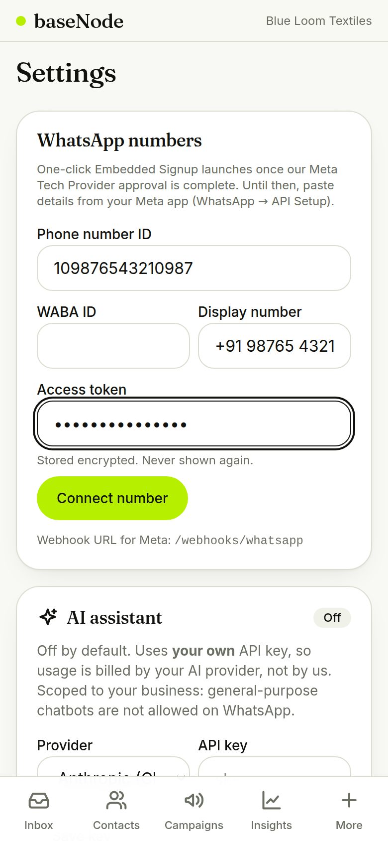 Settings, connect a WhatsApp number (phone)