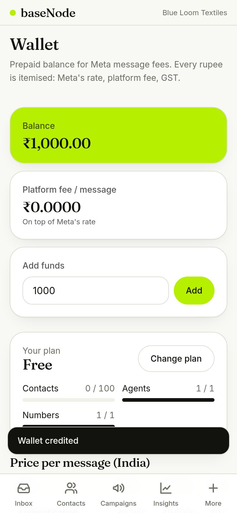 Wallet with balance and price per message (phone)