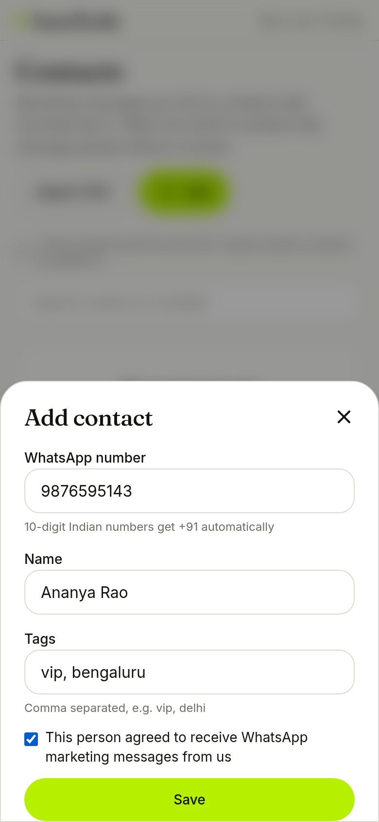 Add contact with consent checkbox (phone)