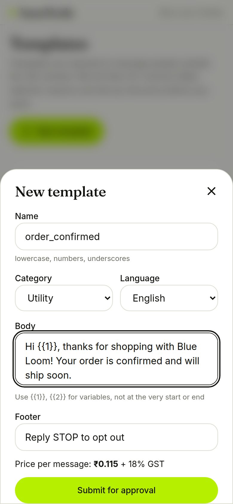 New template with category, body and price (phone)