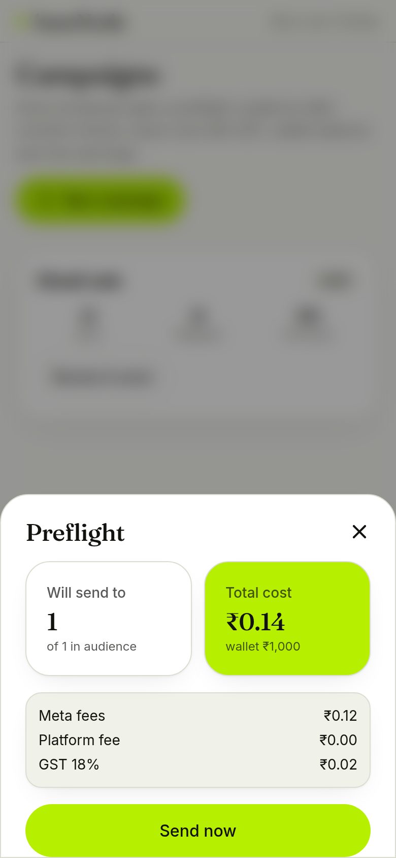 Campaign preflight with cost breakdown (phone)