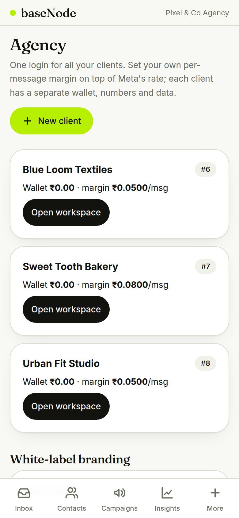 Agency dashboard with client workspaces (phone)