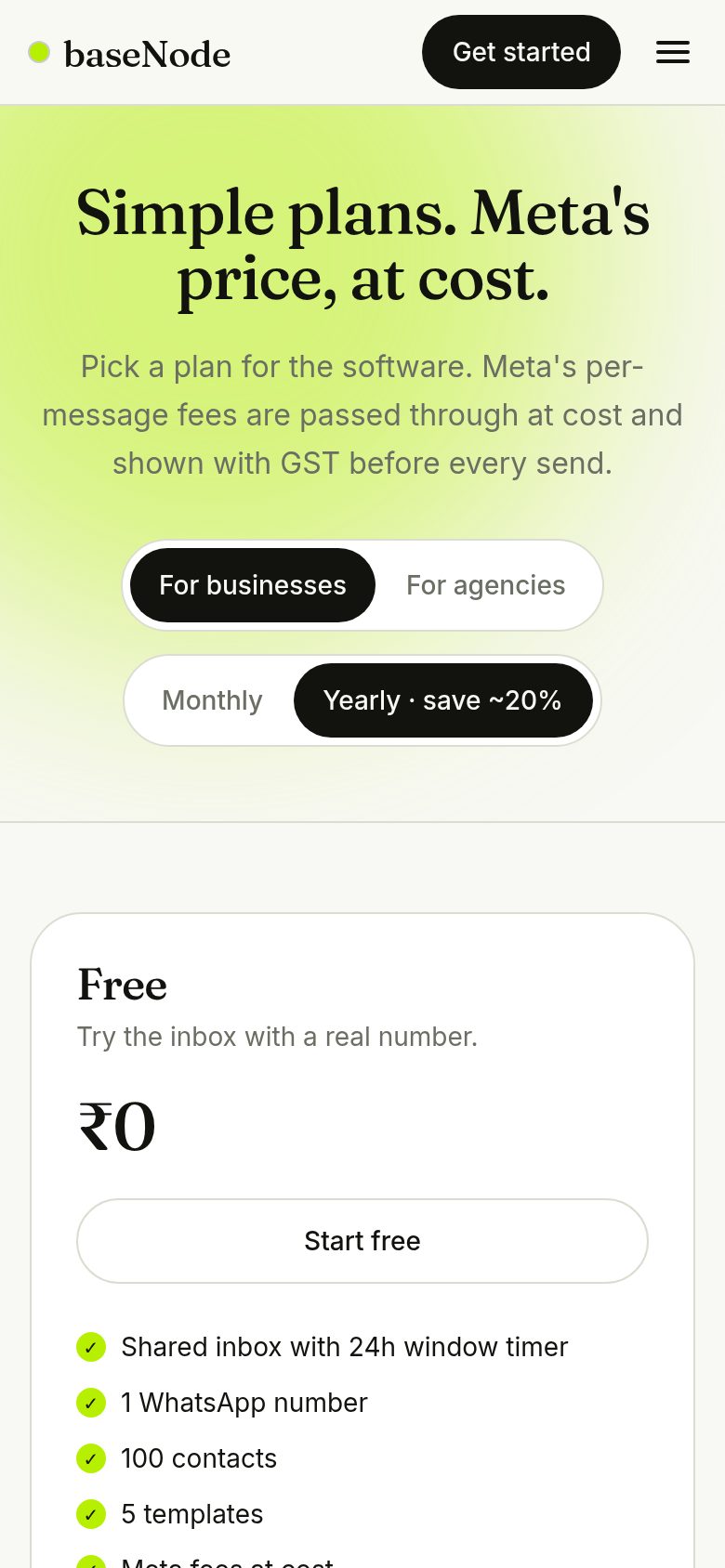 Public pricing page (phone)