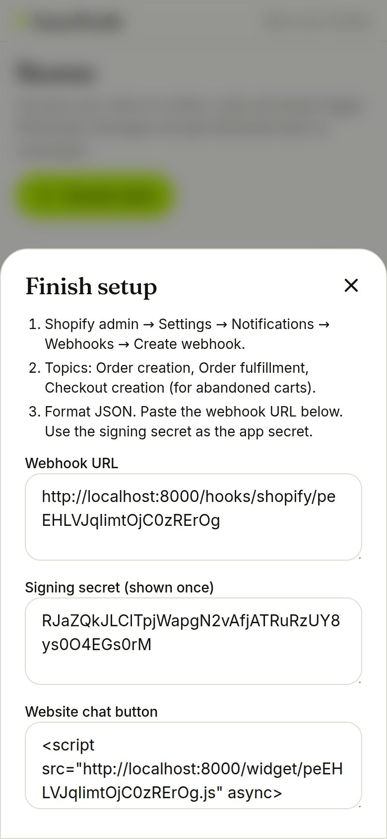 Finishing a Shopify connection (phone)