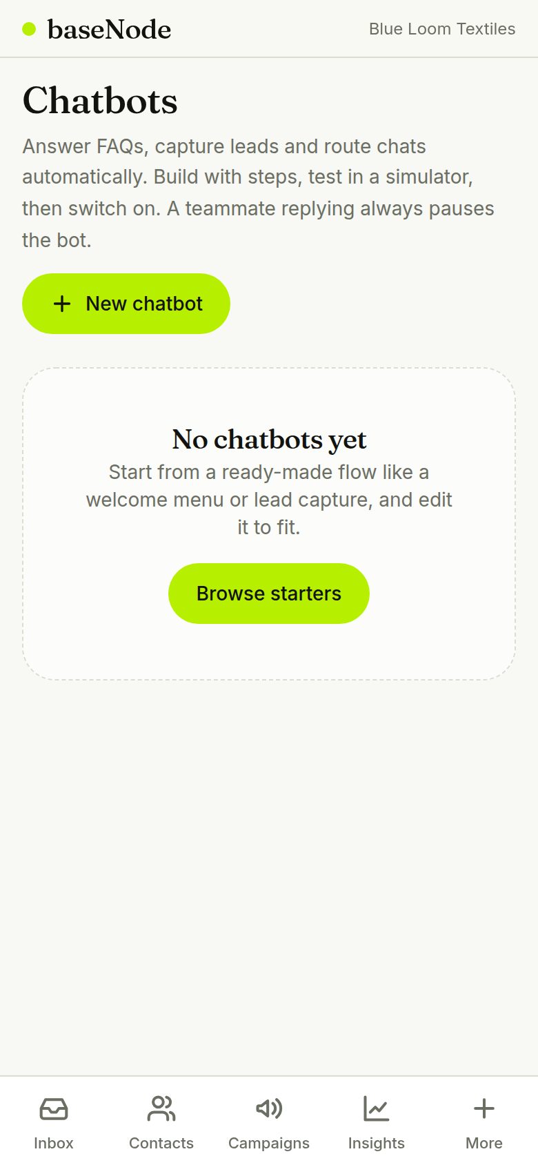 Chatbots page before the first chatbot (phone)