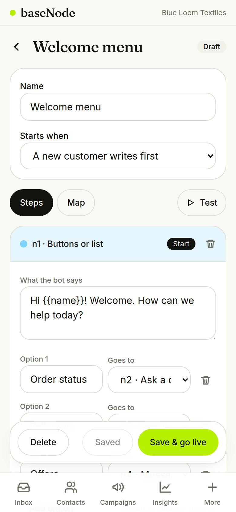 Editing the steps of a welcome menu (phone)