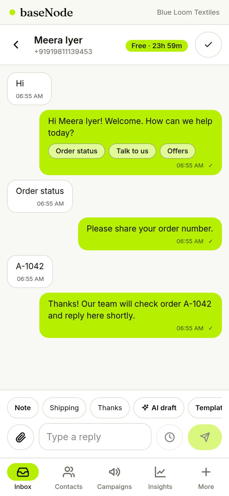 Inbox showing the bot conversation (phone)