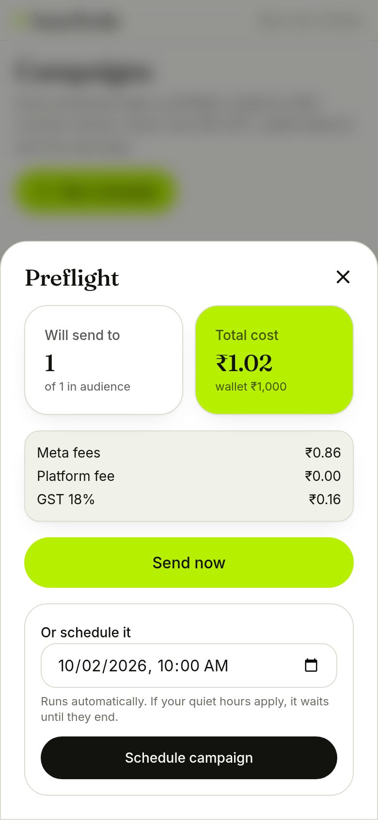 Preflight with the schedule option (phone)