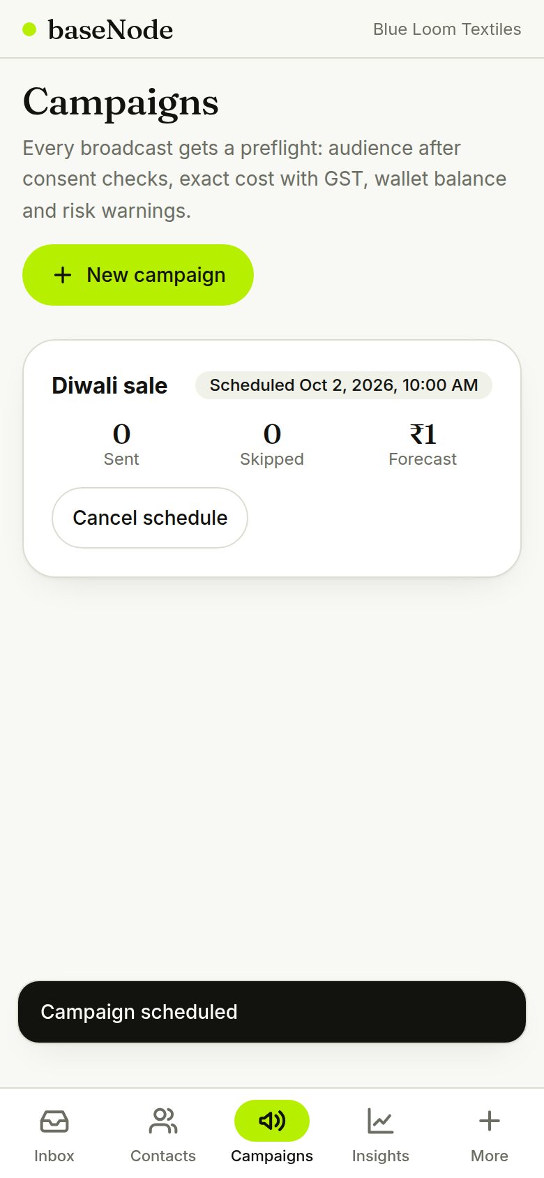 Campaign list showing the scheduled time (phone)