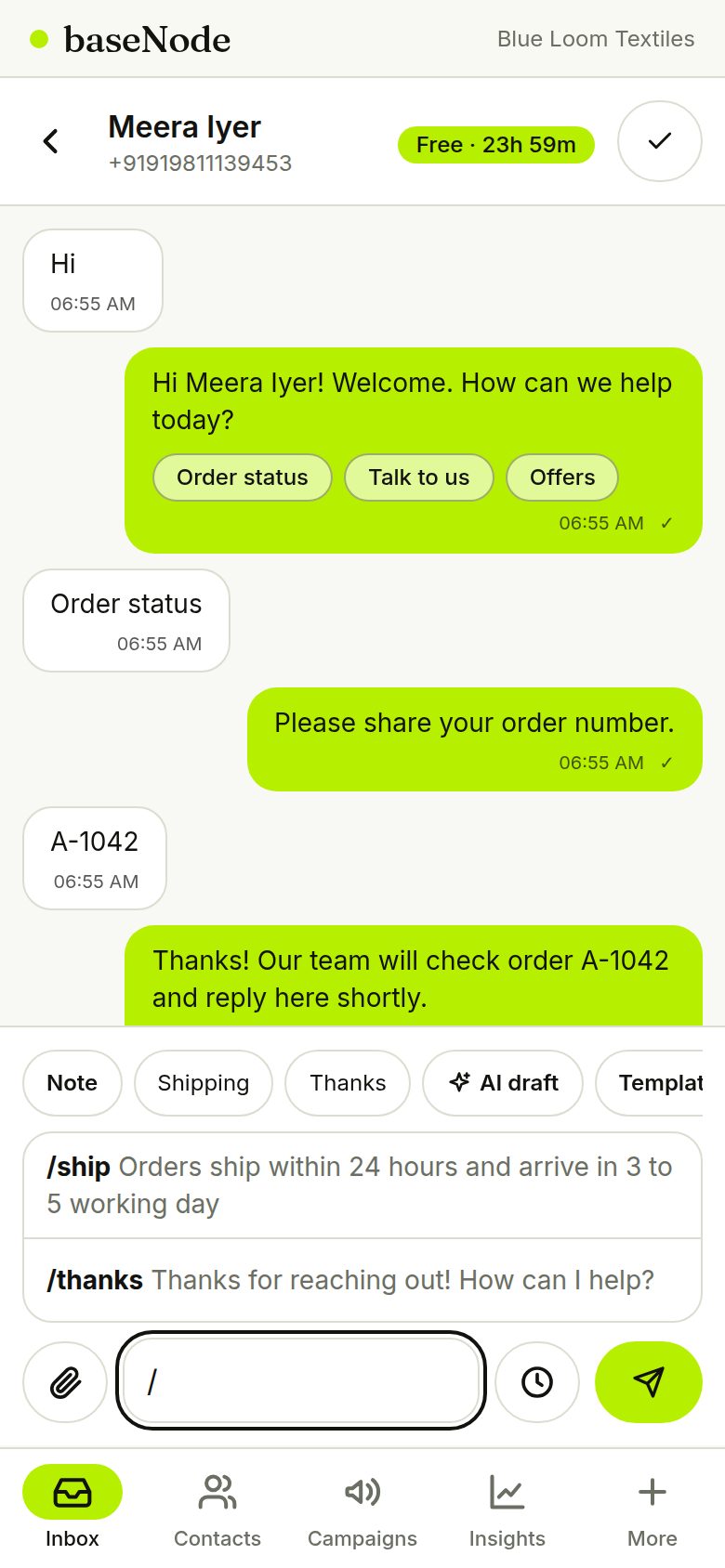 Slash shortcuts in the message box (phone)