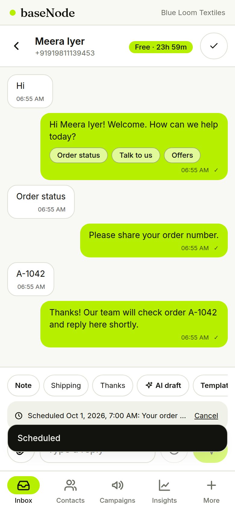 A scheduled message waiting under the chat (phone)