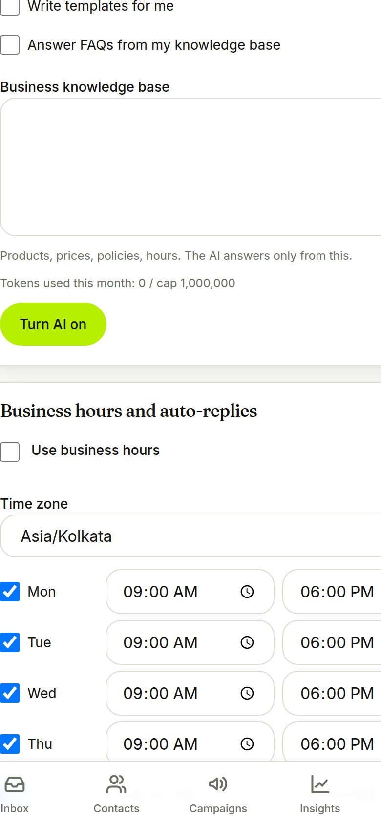 Business hours and auto-reply settings (phone)