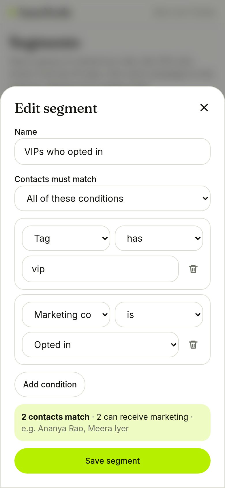 Segment builder with live preview (phone)