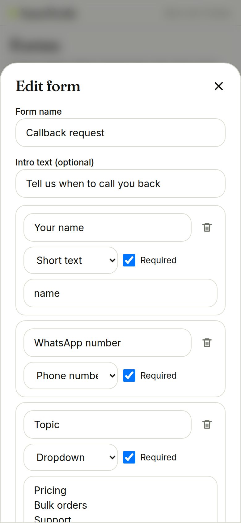 Form builder with fields and options (phone)
