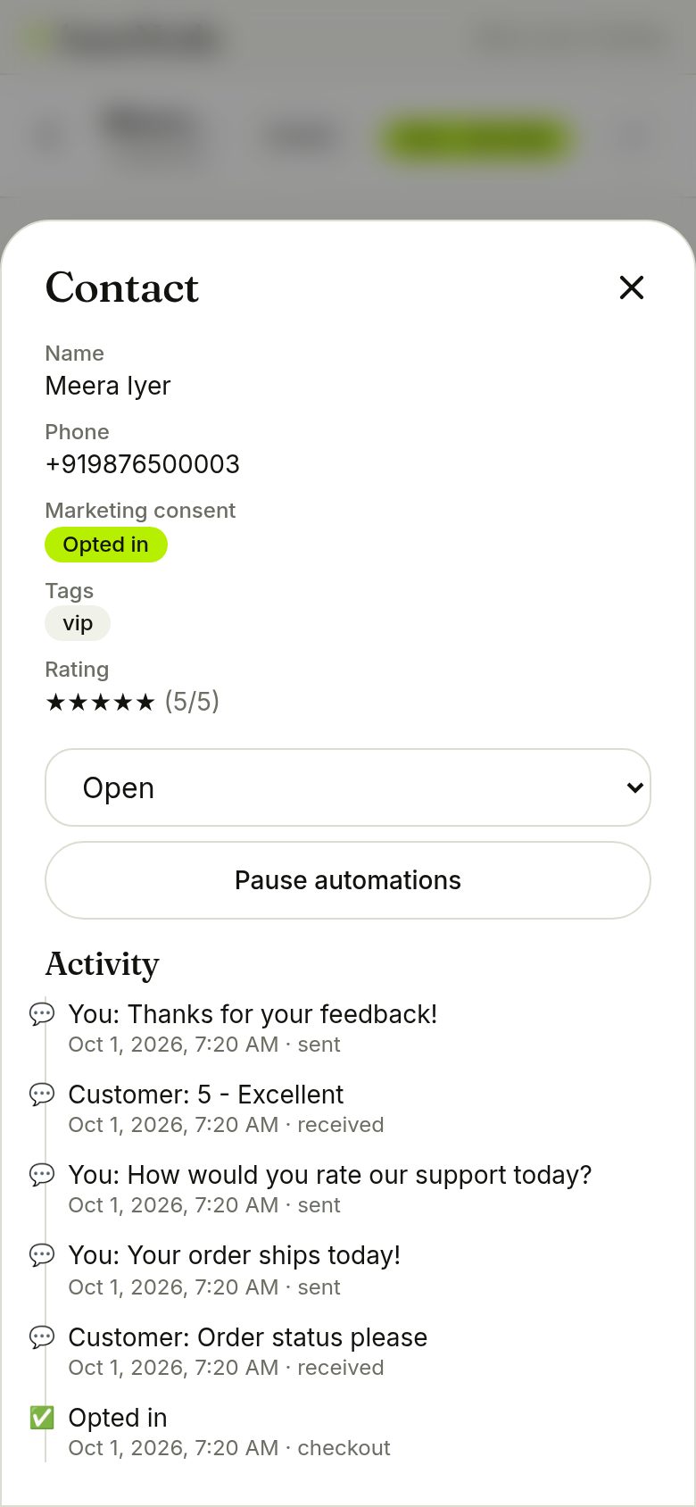 Customer 360 with rating and activity (phone)