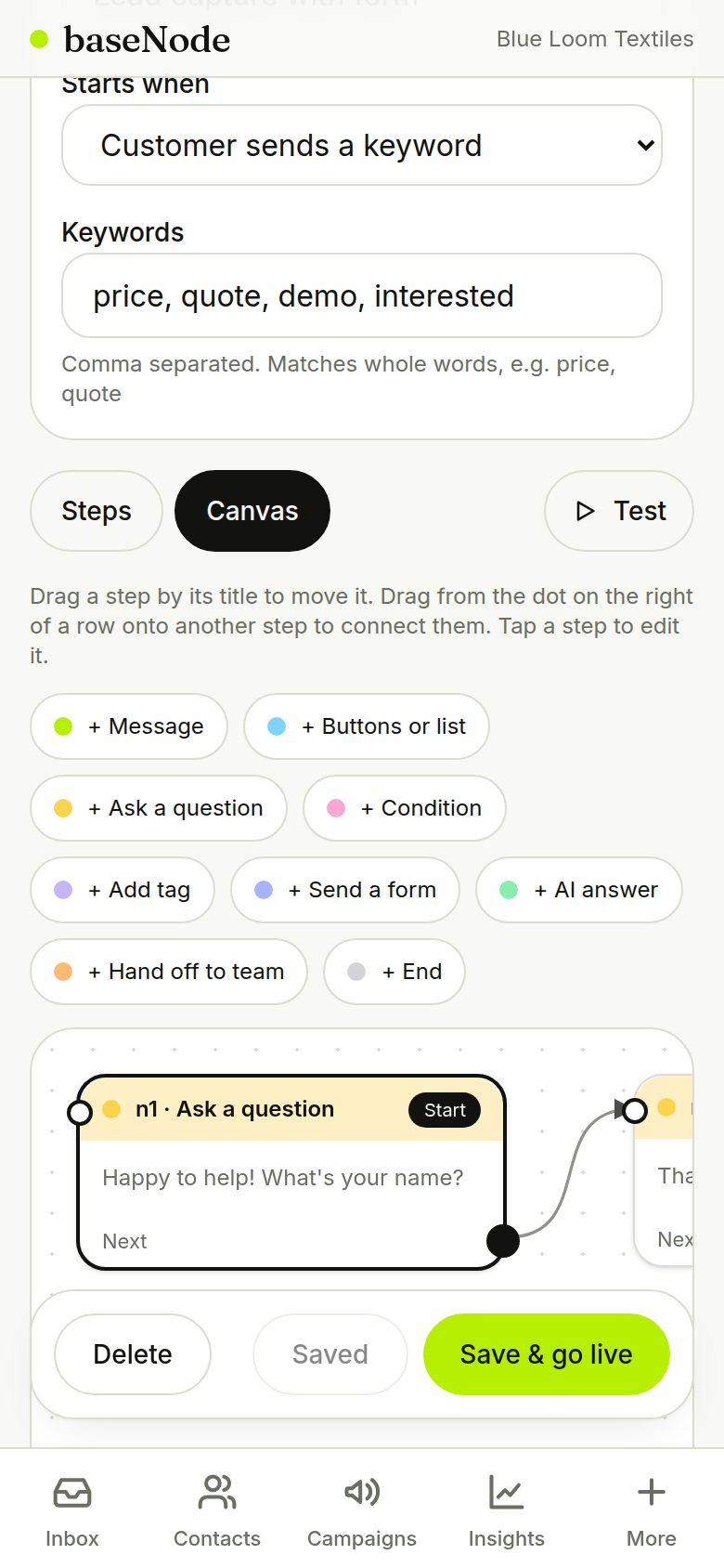 Drag-and-drop flow canvas (phone)