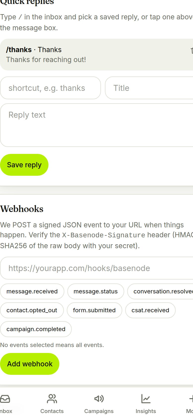 Webhooks card with delivery log (phone)