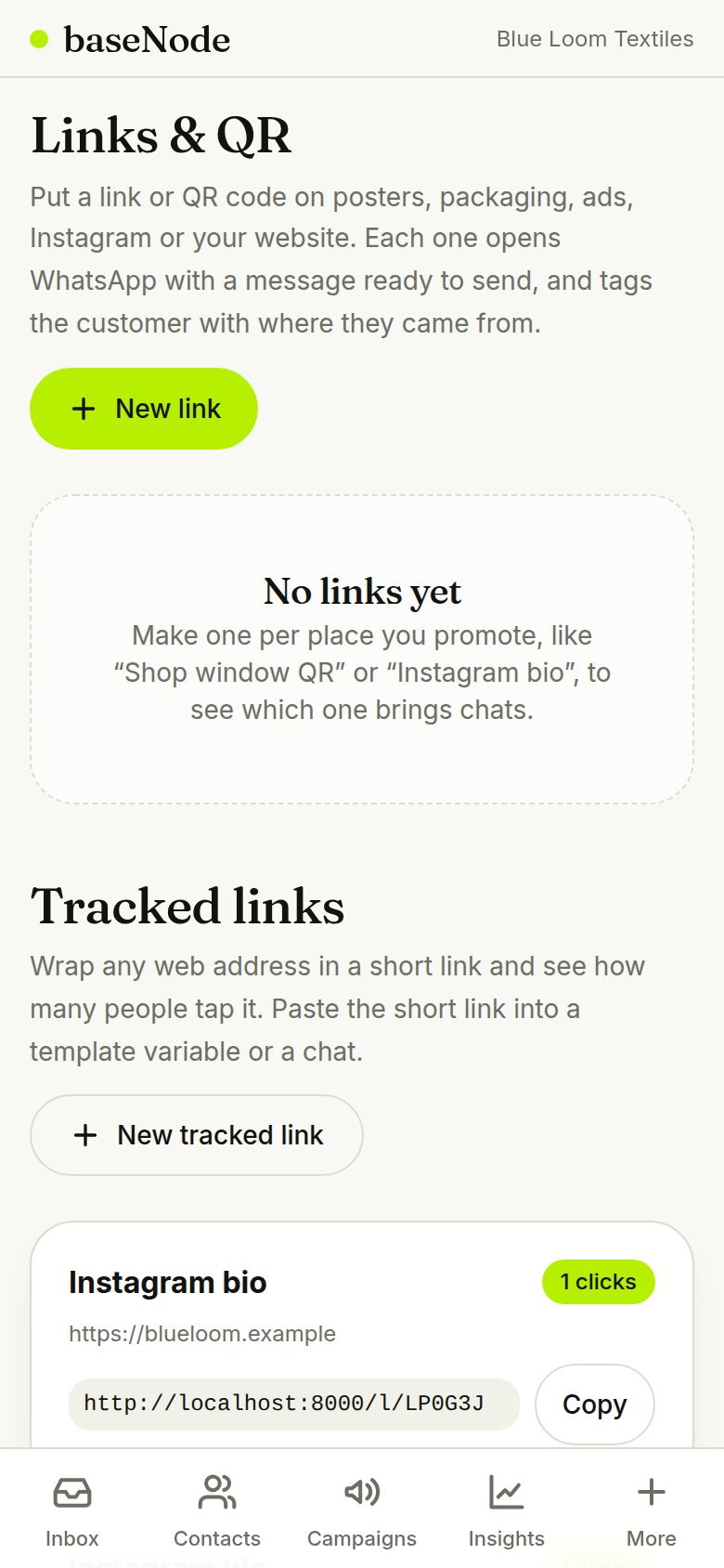 Tracked links with click counts (phone)