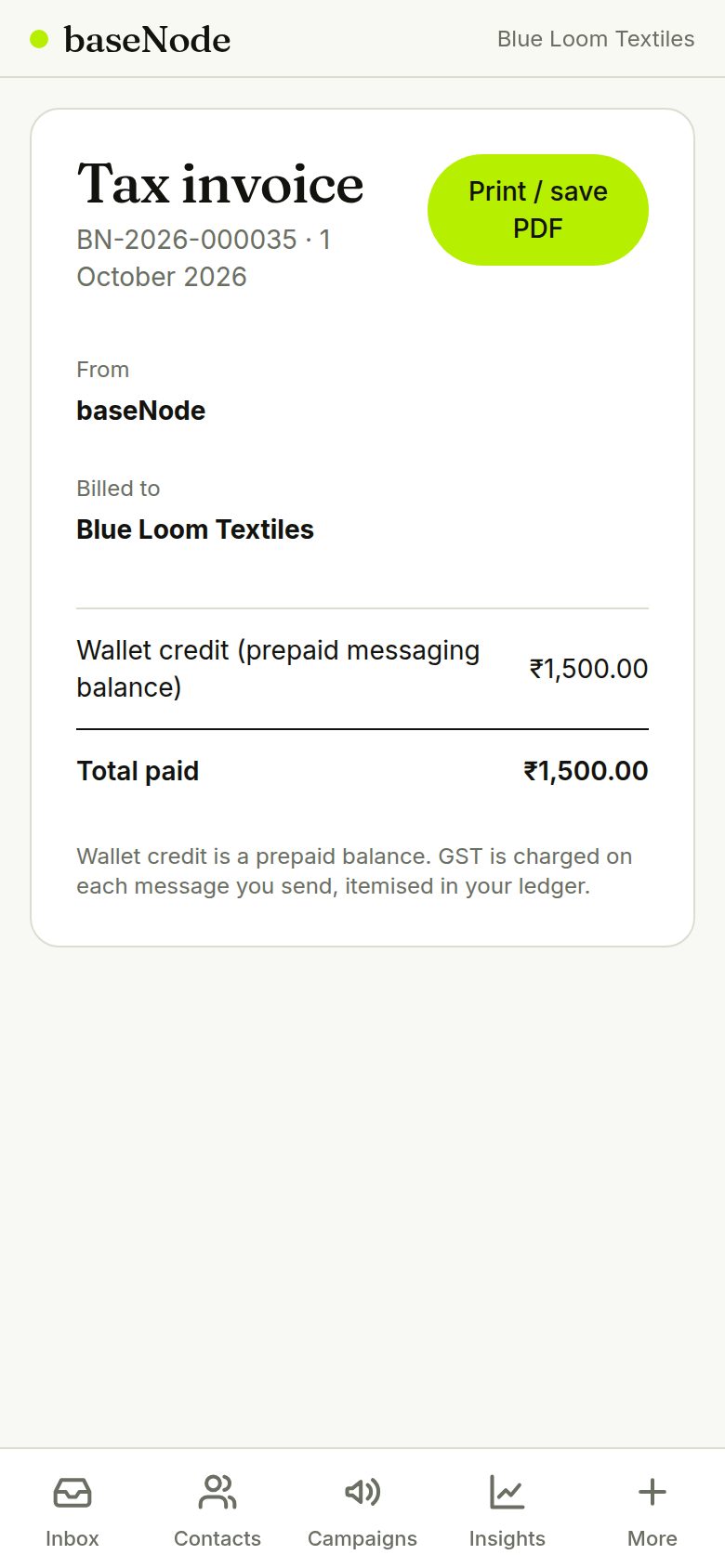 Printable tax invoice (phone)