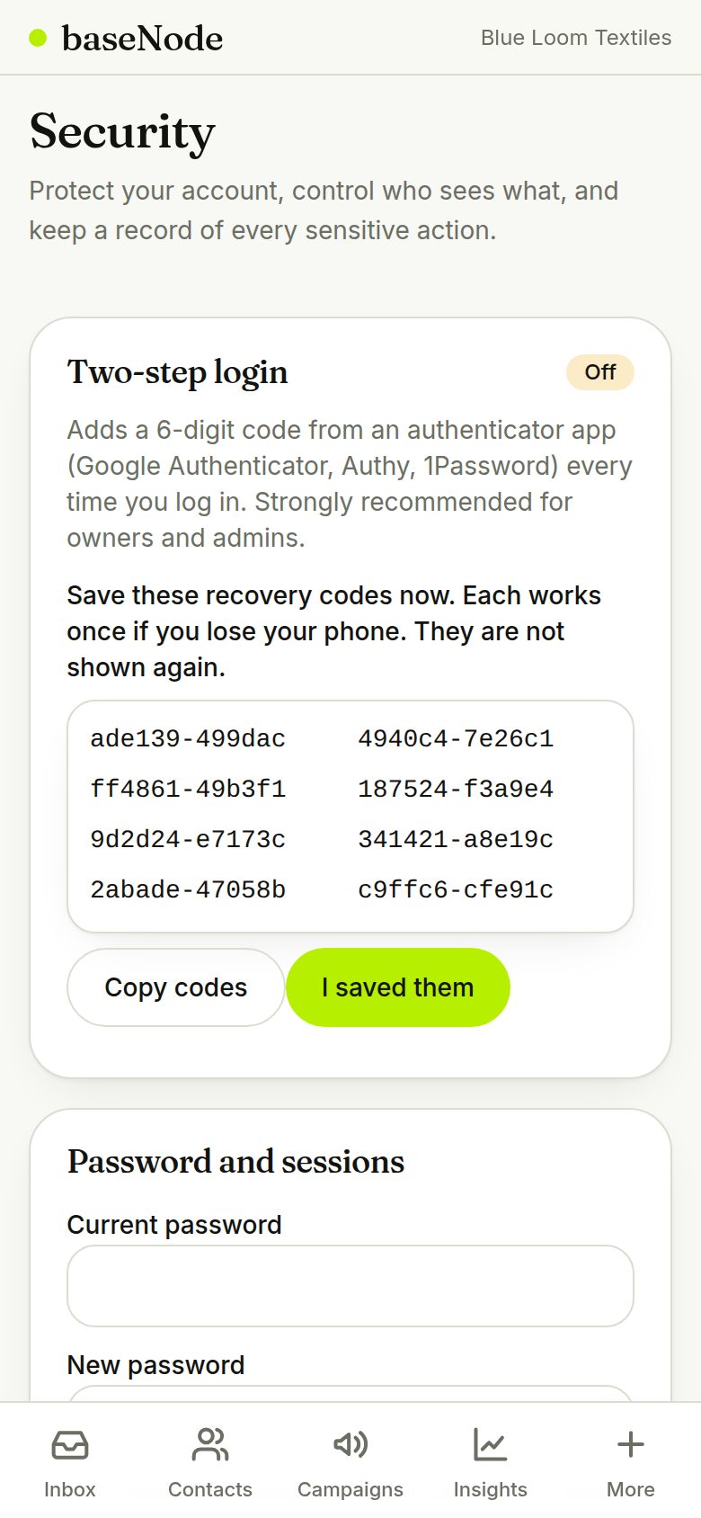 Recovery codes (phone)