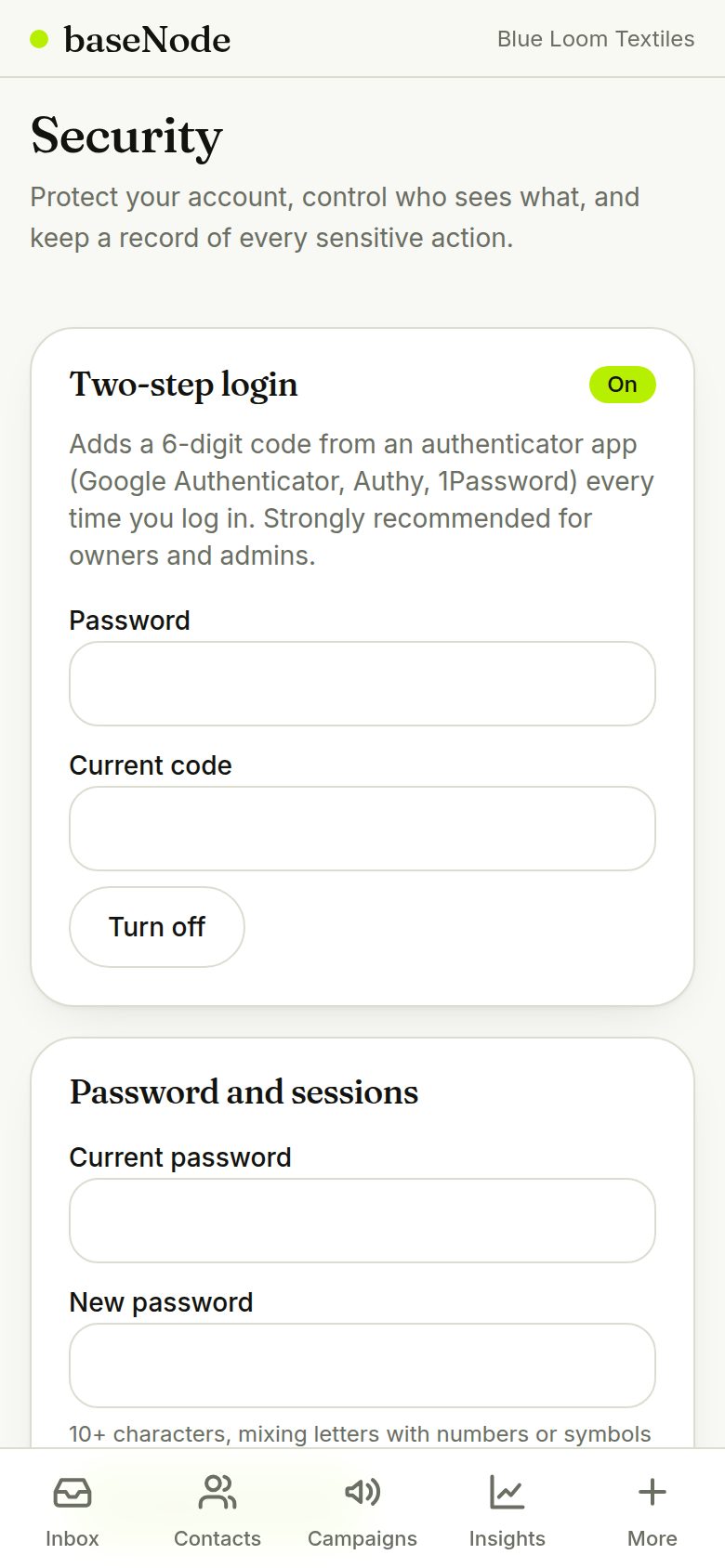 Security page (phone)