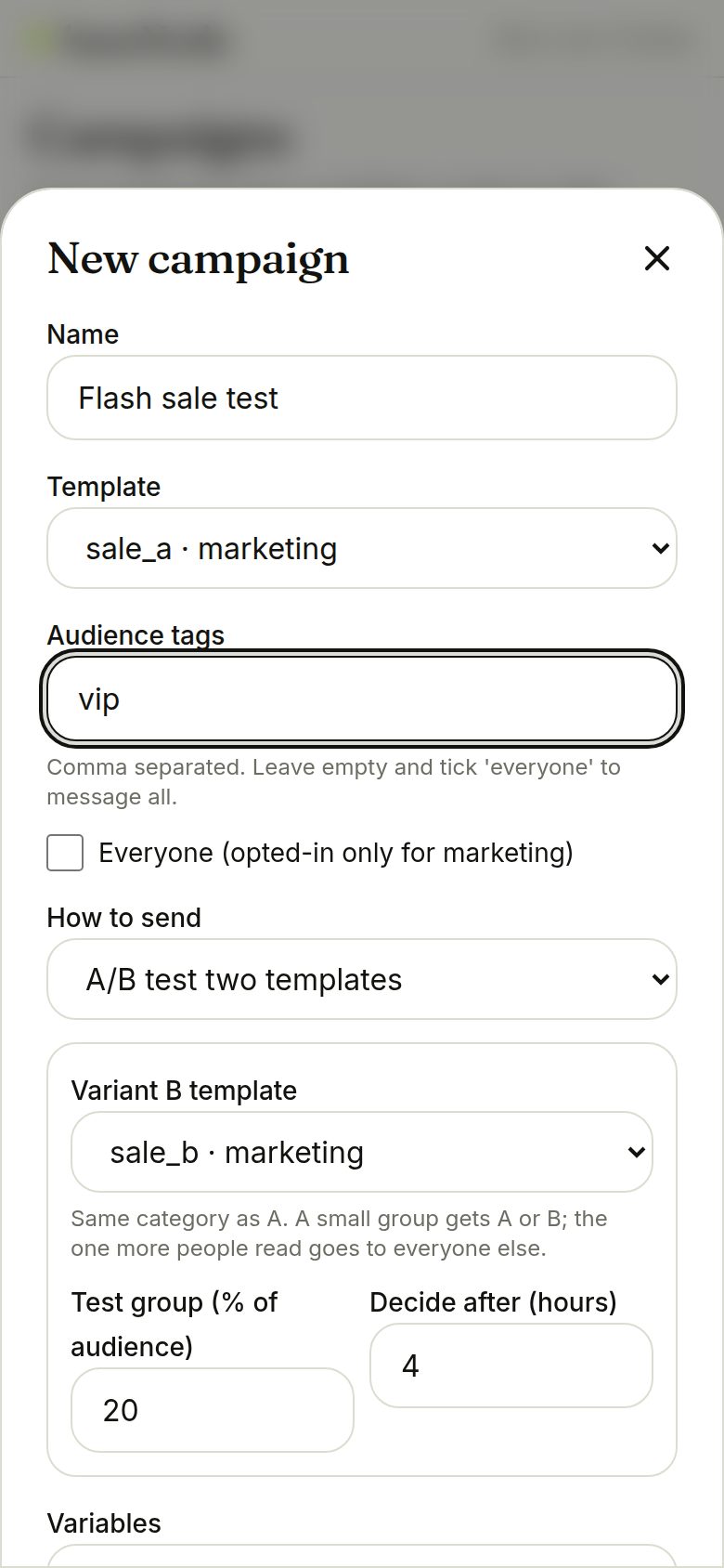 Campaign form with A/B options (phone)