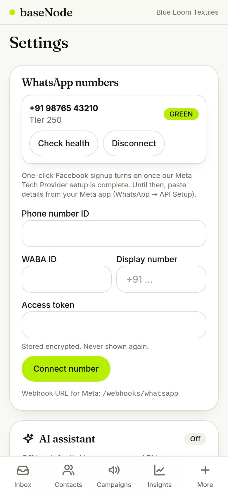 Settings with device preferences (phone)