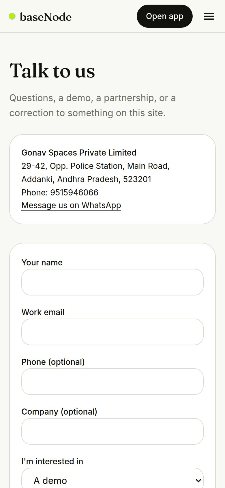 Contact page with business details (phone)
